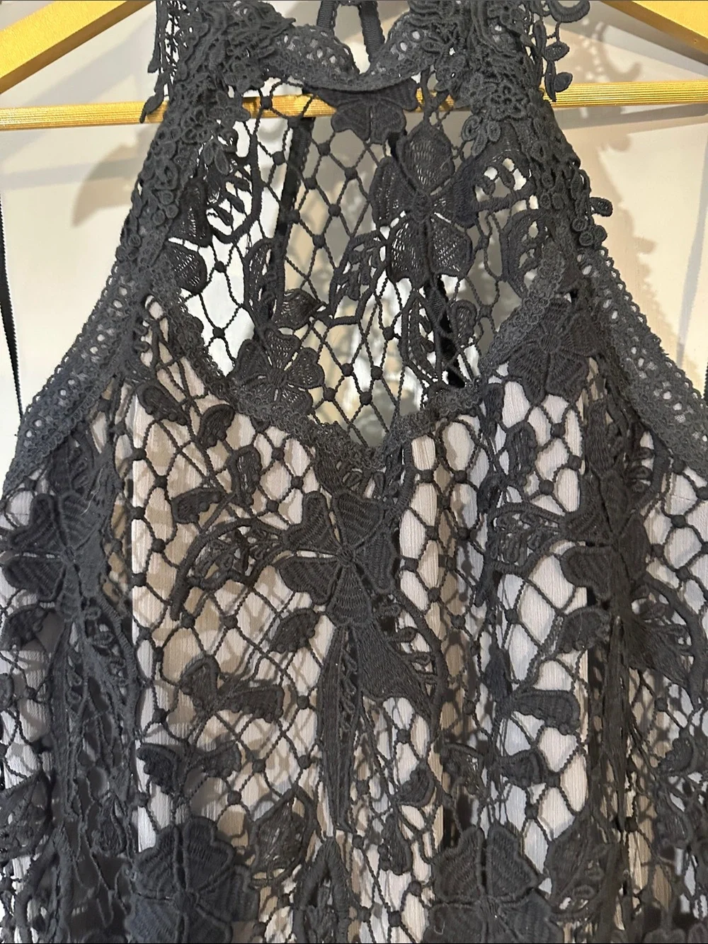 Free People Black Crochet Lace Mini Dress Size Small Sheer Boho Festival Dress